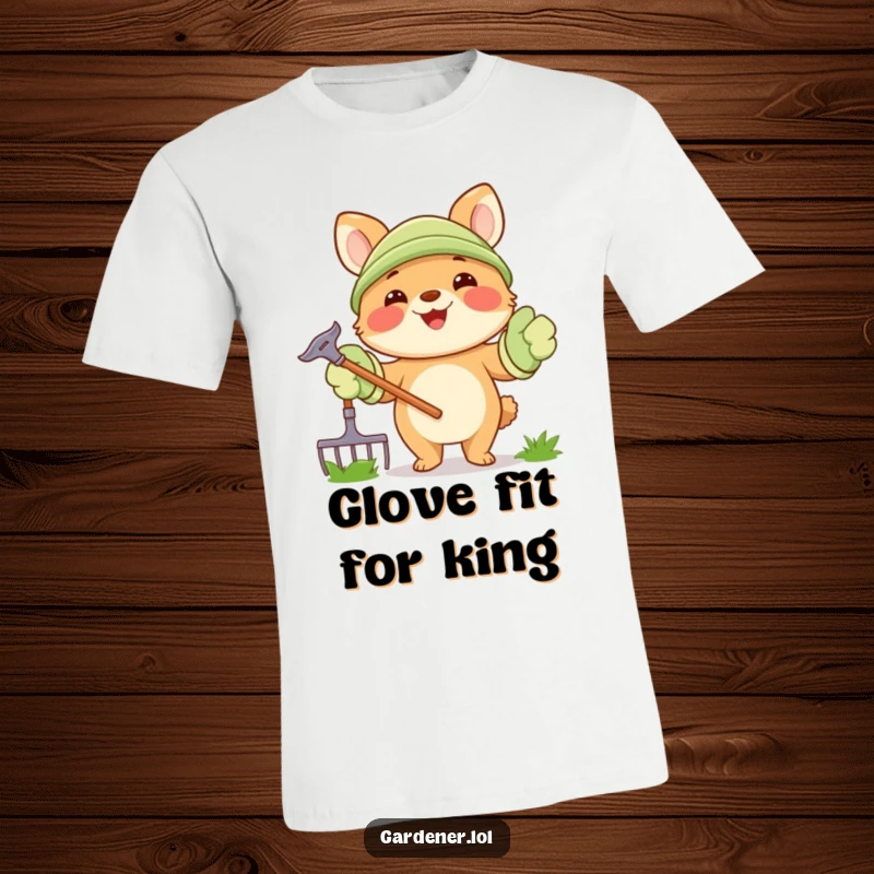 Funny T-Shirt: A joyful animal character beams while holding a rake, clad in comically oversized gardening gloves.