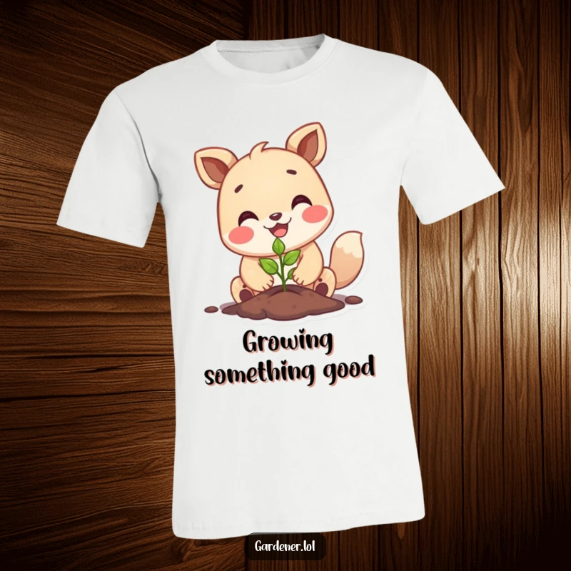 Funny happy animal planting a tiny seedling with a big smile, cheerful gardening t-shirt, nature lover apparel.
