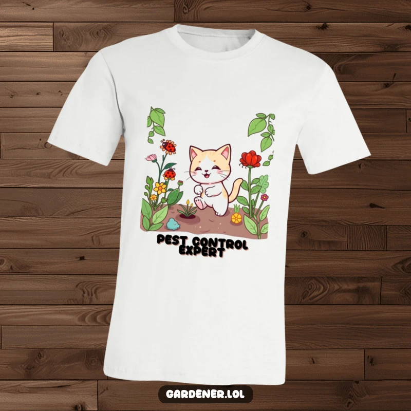 Funny Kawaii cat gardener T-shirt, depicting a playful chase with a ladybug amidst lush green plants, perfect for garden lovers.