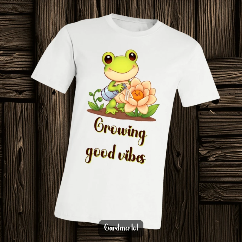 Funny Kawaii Frog T-Shirt: Happy frog gardener watering a giant smiling flower, showcasing cuteness and a love for gardening, a humorous and adorable gift.