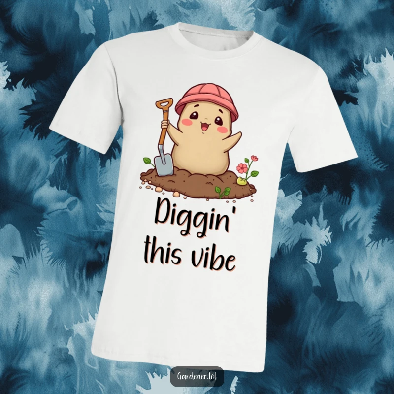 Funny Kawaii mole gardener t-shirt showing a delighted character emerging from soil with a trowel, great for gardeners.