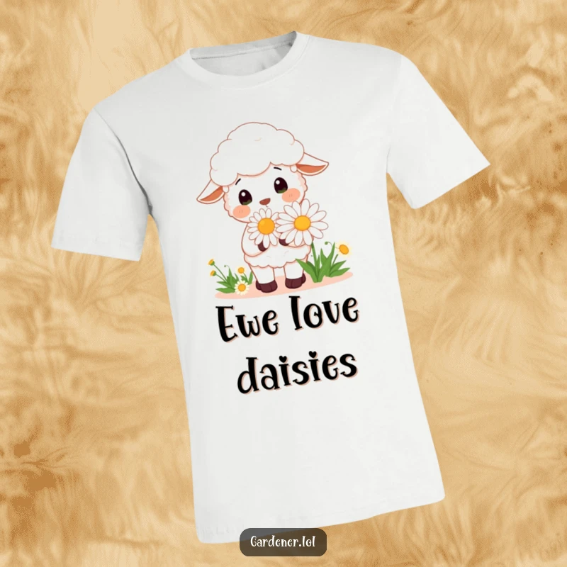 Funny Kawaii sheep gardener t-shirt showing a cheerful sheep smelling a giant daisy, perfect for flower enthusiasts.