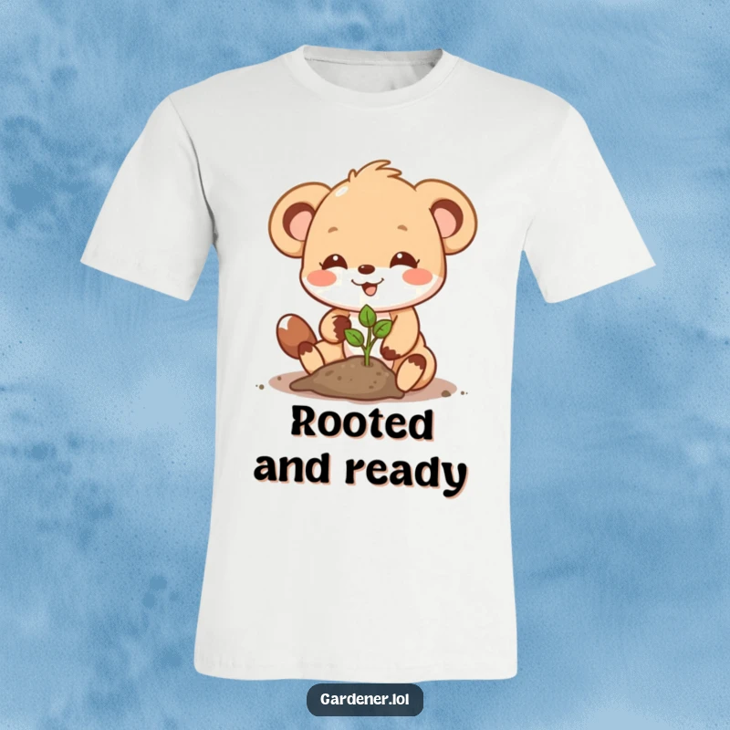 Funny T-Shirt: A cute animal character with a determined smile joyfully plants a small seedling, embodying care and growth.