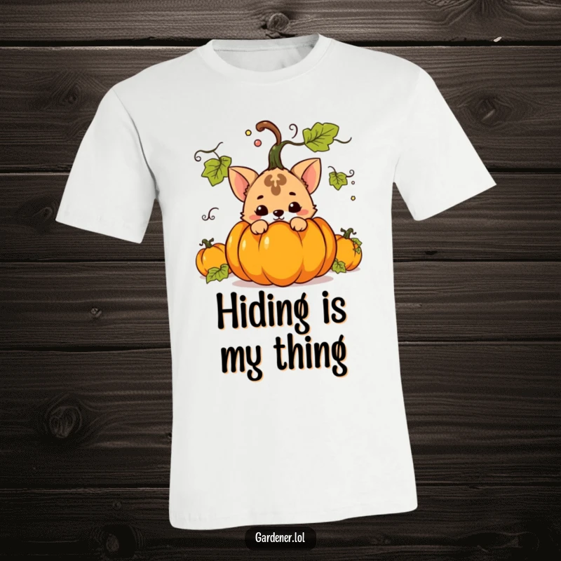 Funny t-shirt of a mischievous animal character hiding behind a large pumpkin, embodying playful secrecy and autumn spirit.
