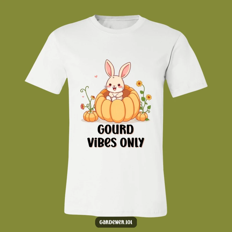 Funny Rabbit Gardener T-Shirt: Playful Bunny Hops Into Giant Pumpkin, Great Funny Gift!