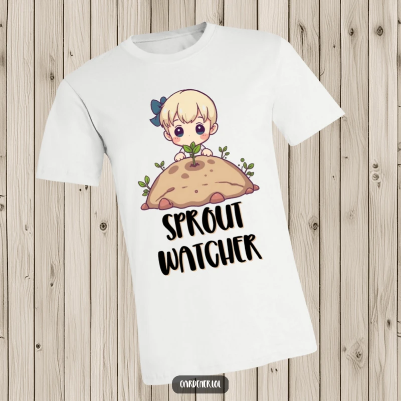 Funny t-shirt of a character admiring a tiny sprout emerging from the earth, perfect for nature lovers and gentle humor.