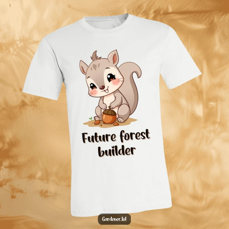 Funny t-shirt with a curious squirrel planting a small acorn with a happy smile, celebrating planting and nature.
