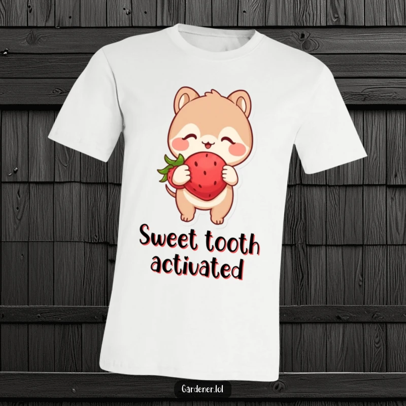 Funny t-shirt with a cute animal character looking at a plump, happy strawberry with extreme glee and adorable fascination.