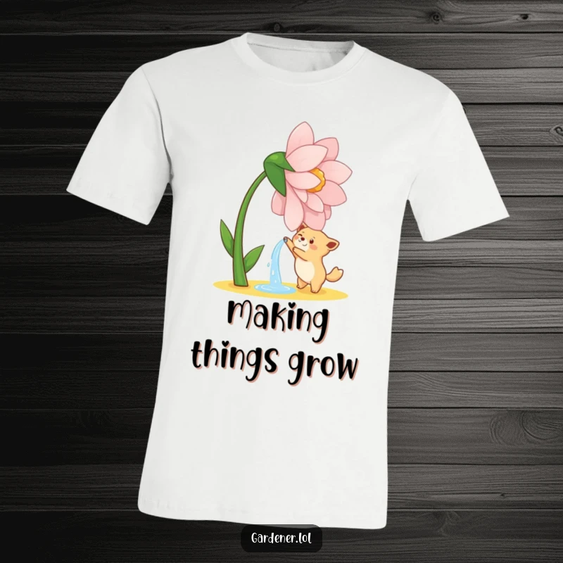 Funny t-shirt with a cute animal character joyfully watering a giant, dancing flower, celebrating nature's magic.