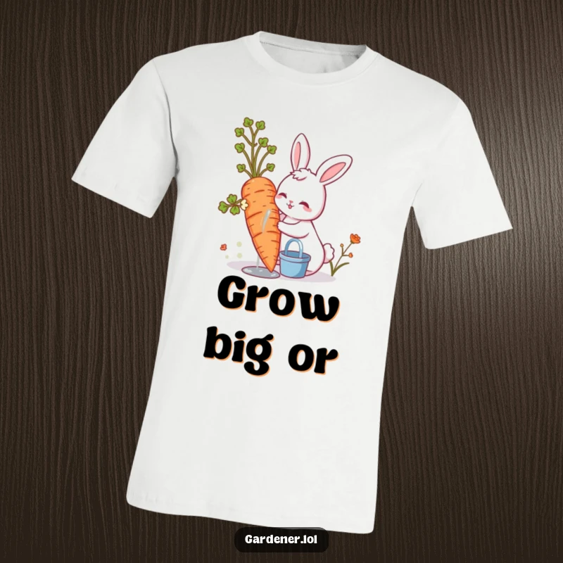 Funny cute bunny happily watering a giant carrot, a humorous gardening character on a t-shirt.