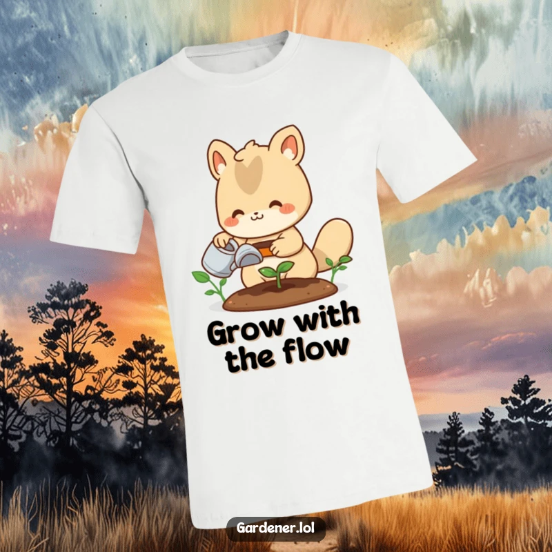 Funny t-shirt: A happy animal gardener lovingly waters a minuscule sprout, embodying the joy and dedication of gardening.
