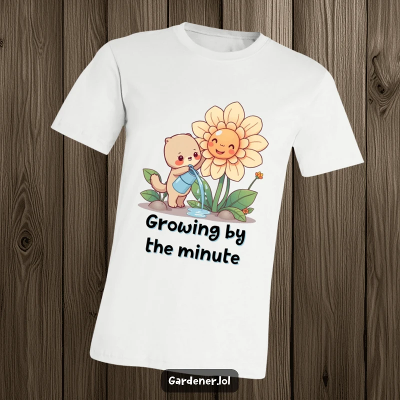 Funny cute animal character watering a giant smiling flower, cheerful gardening t-shirt, outdoor nature lover design.