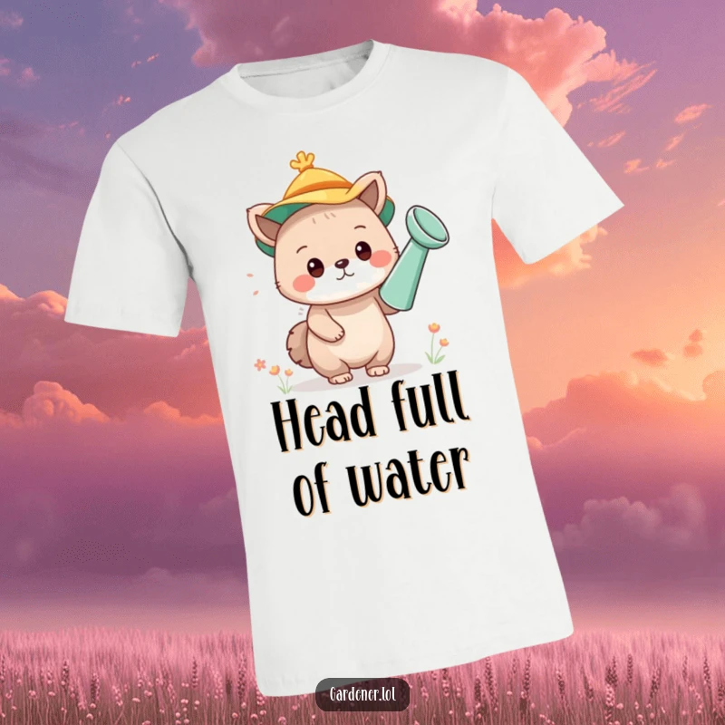 Funny t-shirt featuring a cute animal character playfully wearing a watering can as a hat, exuding silliness and charm.