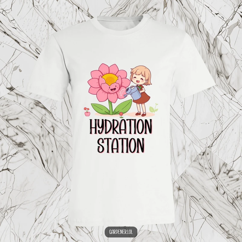 Funny t-shirt showing a character joyfully watering a giant, smiling flower with a watering can, perfect for garden humor.