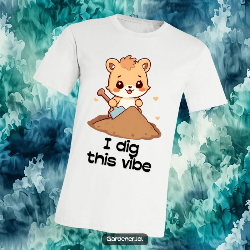 Funny animal character t-shirt gleefully shoveling a small mound of cheerful dirt, perfect for funny gifts.