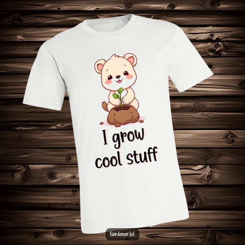 Funny animal character t-shirt tenderly planting a smiling seed, ideal for funny gifts.