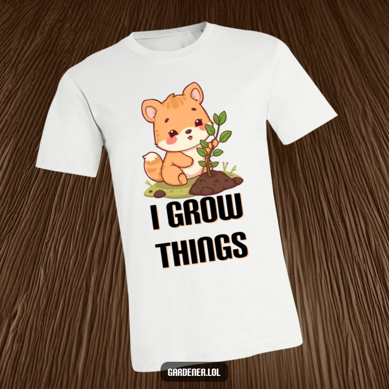 Funny t-shirt featuring a cute animal character happily planting a small sapling, perfect for eco-conscious individuals and gardeners.