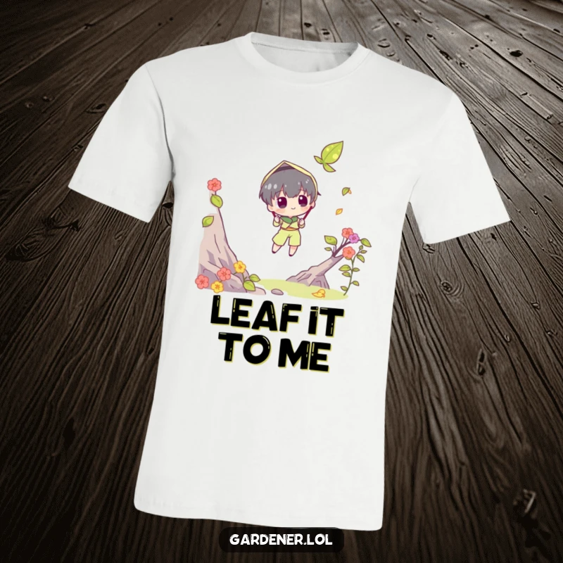 Funny t-shirt depicting a character trying to catch a falling leaf with a butterfly net. Great autumn funny gift.