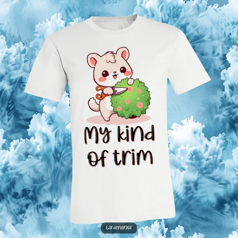 Funny t-shirt depicting a cute animal character cheerfully pruning a bush with small shears, conveying a sense of meticulous joy and horticultural skill.