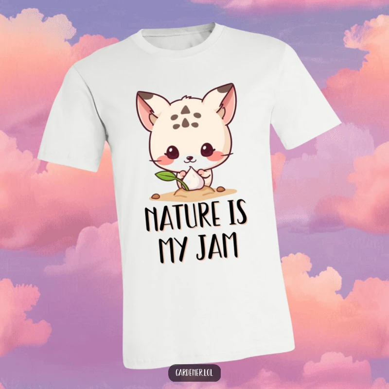 Funny t-shirt featuring a cute animal character peeking with curiosity at a small sprouting seed, perfect for plant lovers.