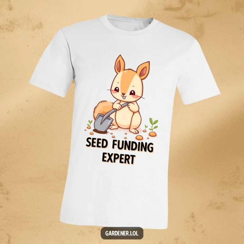 Funny squirrel character enthusiastically planting seeds with a small shovel, wearing a funny t-shirt.