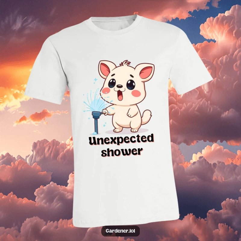 Funny t-shirt of a surprised animal character being playfully sprayed by a lawn sprinkler, capturing a moment of wet, wild fun.