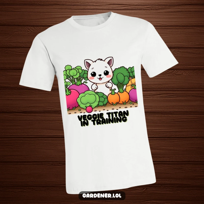 Funny t-shirt featuring a happy animal character cultivating comically large vegetables, celebrating the joy of gardening.