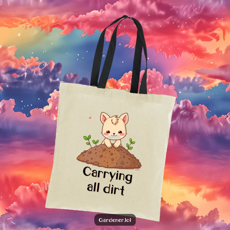 Funny tote bag with an animal character playfully digging in a giant pile of soil, carrying tools and industrious vibes.