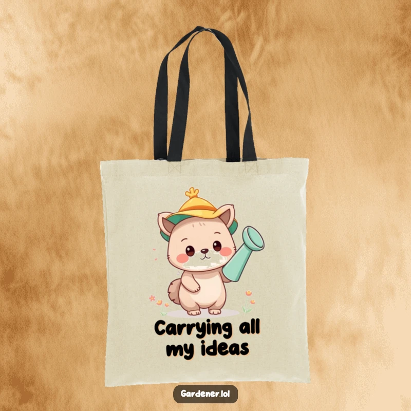 Funny tote bag with a cute animal character creatively wearing a watering can as a hat, perfect for stylish and humorous everyday use.