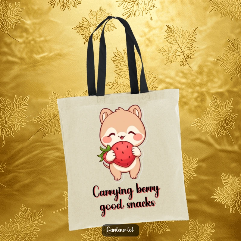Funny tote bag showing a cute animal character examining a plump, happy strawberry with pure glee, a celebration of deliciousness.