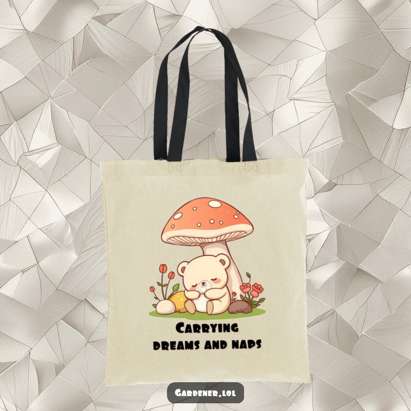 Funny Kawaii bear gardener tote bag showing a sleepy bear under a mushroom, practical and humorous.