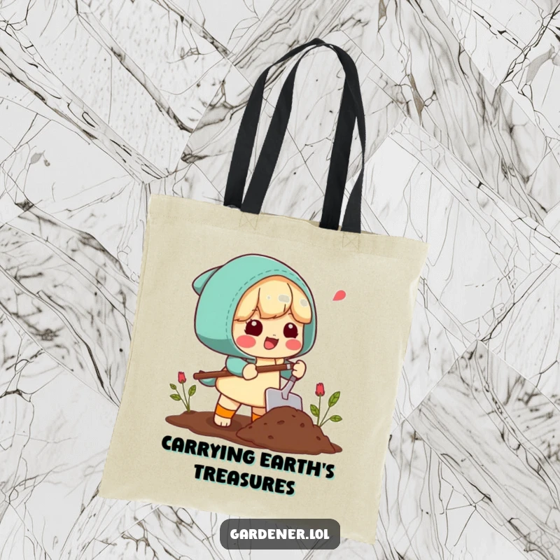 Funny Tote Bag: A character happily sighs while scooping soil with a trowel, perfect for carrying gardening tools and supplies.