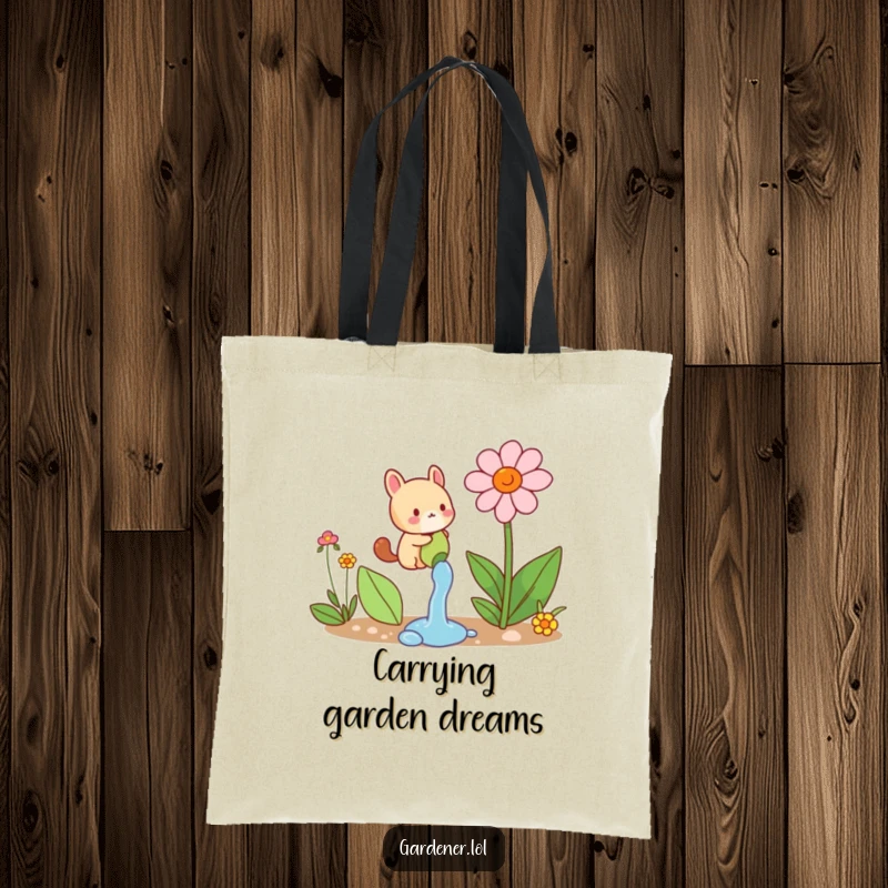 Funny tote bag with a small animal character joyfully watering a comically large flower, carrying garden cheer and happy vibes.