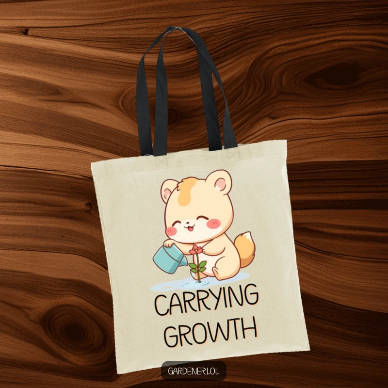 Funny Tote Bag with a cute animal character watering a smiling flower sprout, ideal for carrying supplies with a humorous and natural theme.
