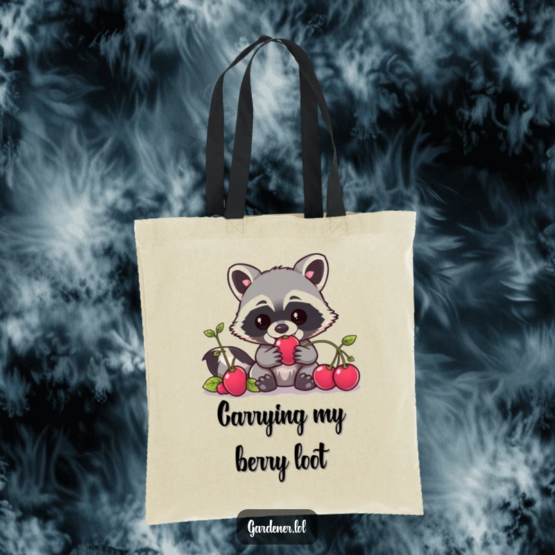 Funny Kawaii raccoon gardener tote bag showing a mischievous character taking a berry, useful and humorous.
