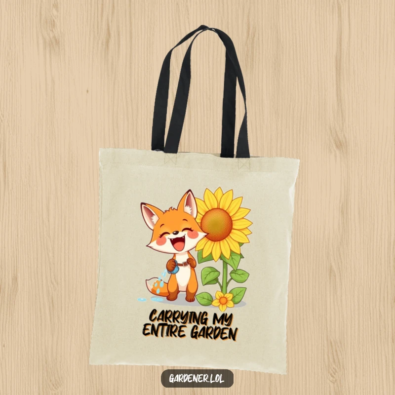 Funny tote bag with an excited fox watering a giant sunflower with glee, ideal for stylish and humorous everyday use.