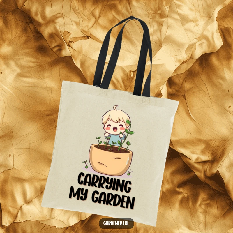 Funny tote bag with a cheerful character planting small seeds into a giant pot, a gardening delight.
