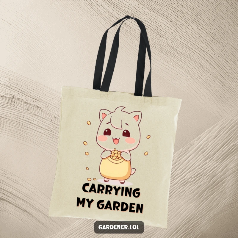 Funny tote bag showcasing a grinning character with a pouch, playfully scattering seeds, perfect for gardeners and humor lovers.