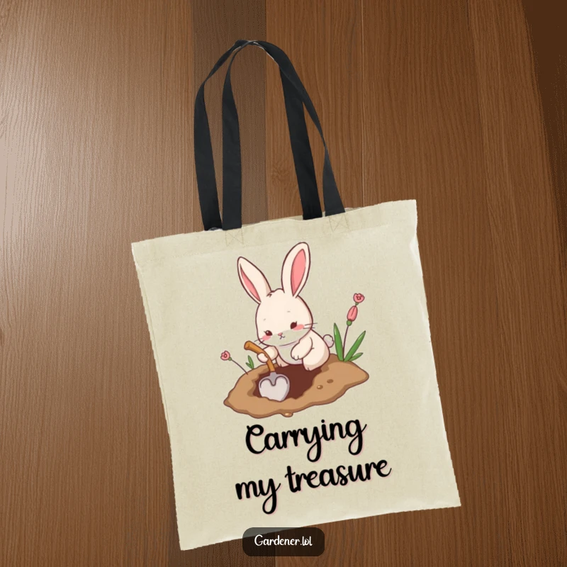 Funny tote bag with a playful rabbit digging a hole with a tiny shovel, perfect for carrying items with humorous dedication.
