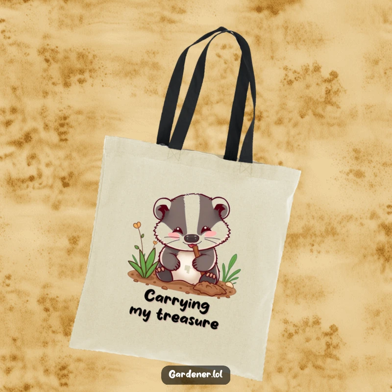 Funny tote bag: A delighted badger gardener with dirt on its nose digs energetically, perfect for carrying garden supplies or everyday items.