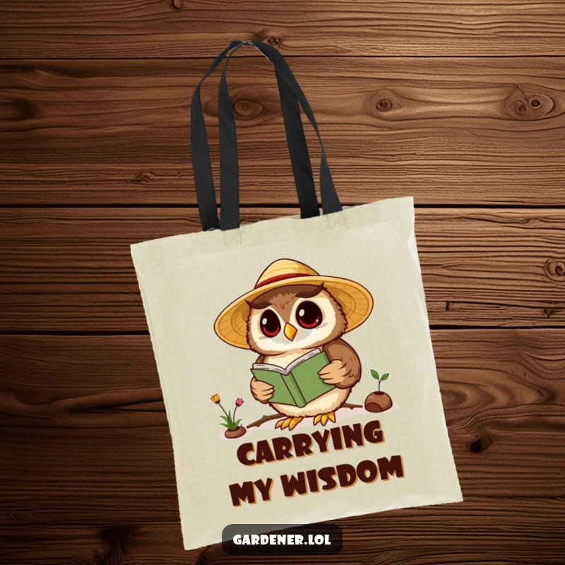 Funny Kawaii owl gardener tote bag, featuring a curious owl wearing a straw hat and reading a gardening book, a smart accessory.