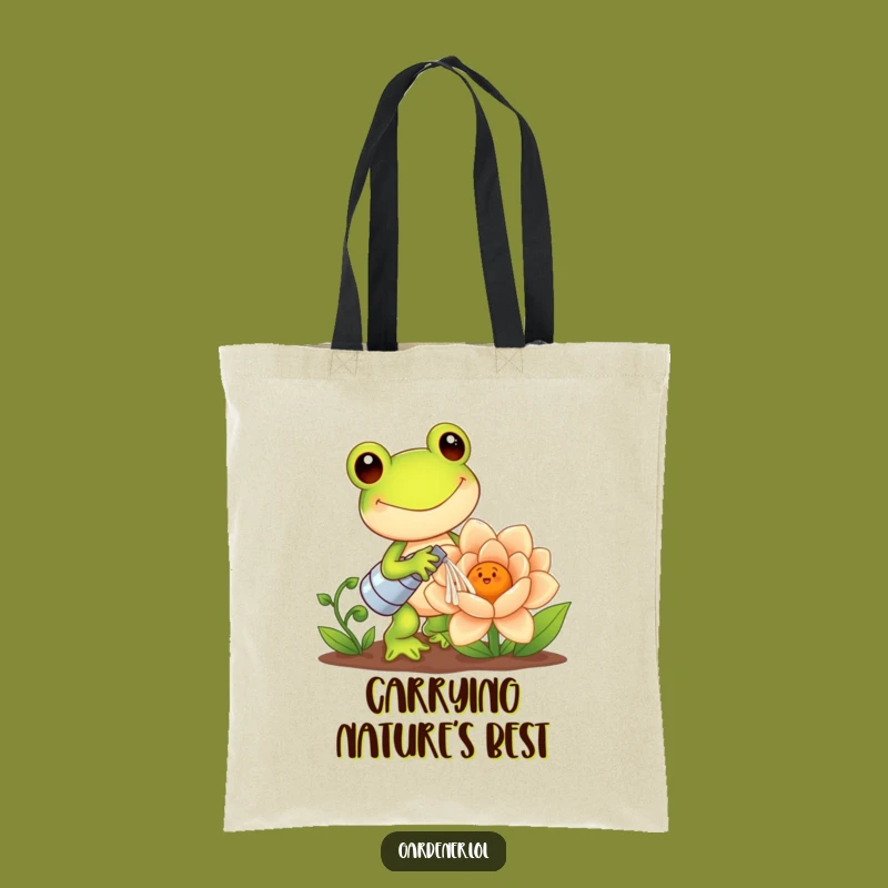 Funny Kawaii Frog Tote: Gardener Watering Flower - Cute and Humorous Carry-all