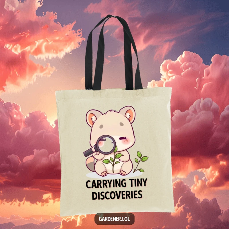 Funny tote bag with a cute animal character holding a magnifying glass over a plant, illustrating a funny and inquisitive nature-themed accessory.