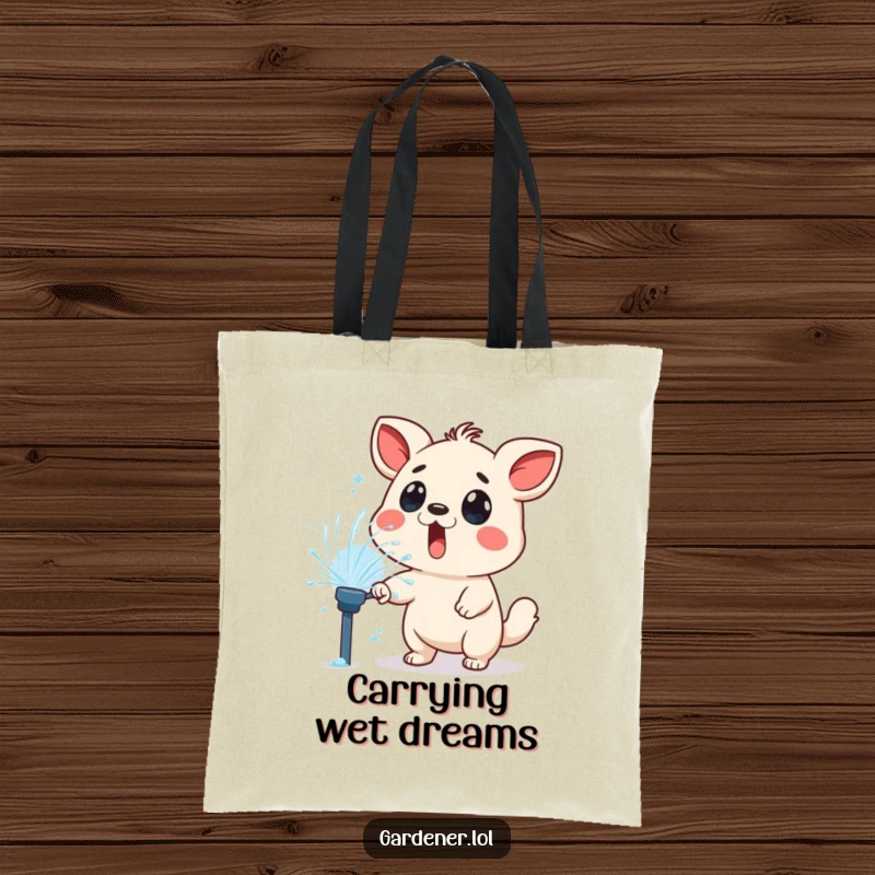 Funny tote bag depicting a surprised animal character playfully sprayed by a lawn sprinkler, ideal for carrying essentials with humor.