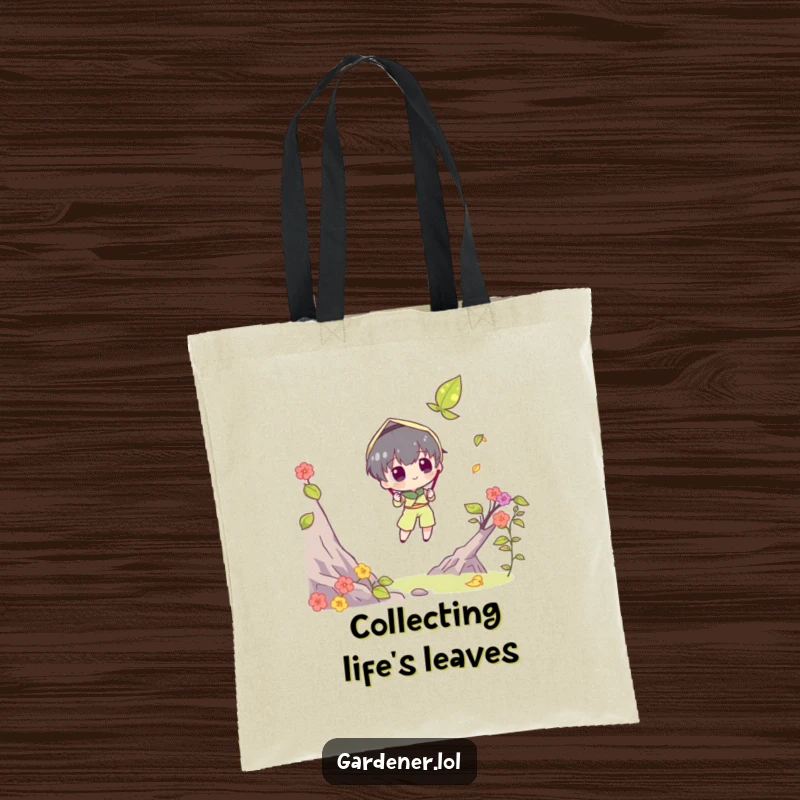 Funny tote bag showing a character attempting to catch a falling leaf with a butterfly net. A charming and functional funny gift.