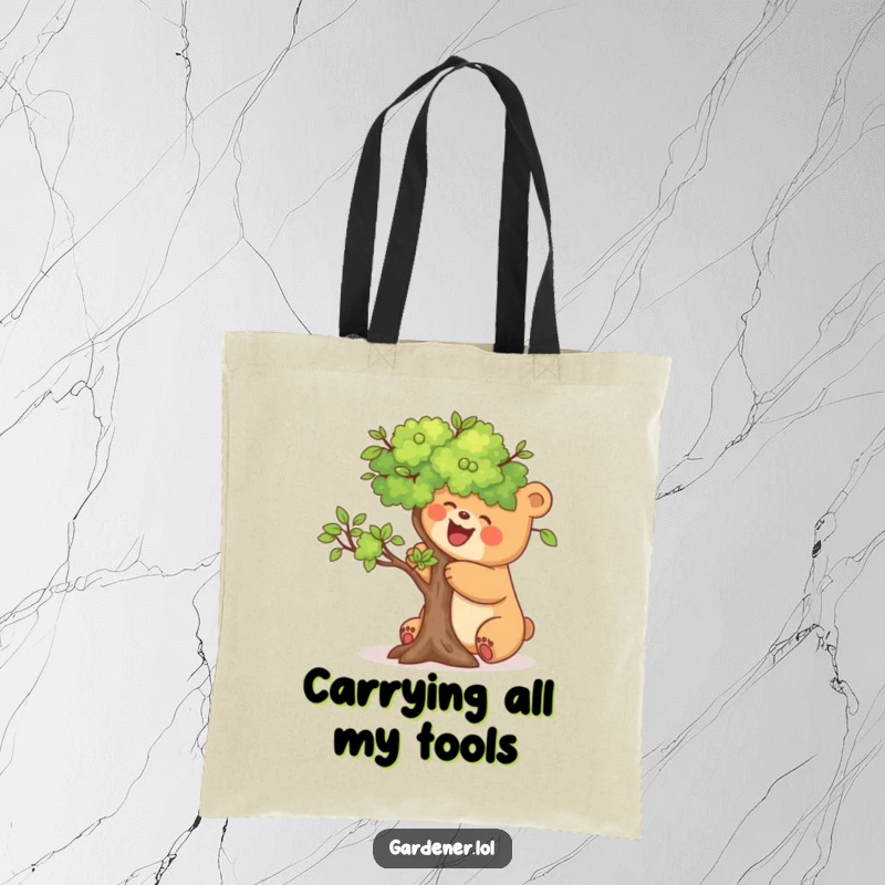 Funny tote bag with a joyful bear carefully pruning a miniature tree, ideal for stylish and humorous everyday use.