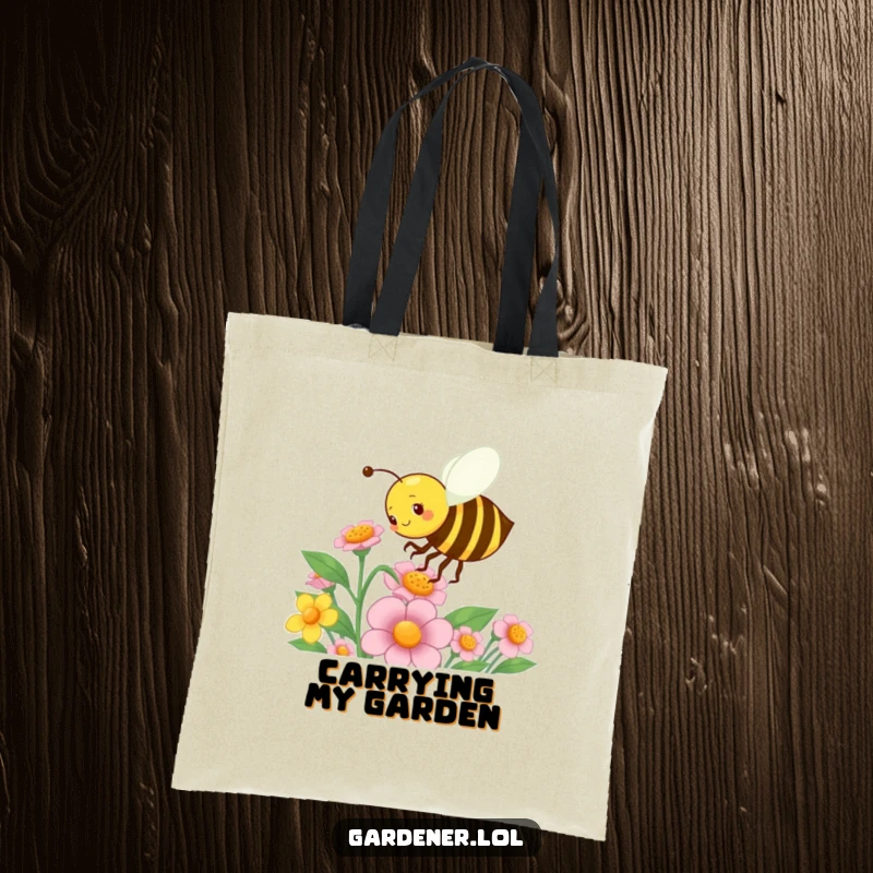 Funny tote bag showing a busy bee character energetically pollinating a flower, ideal for carrying supplies with a charming garden theme.