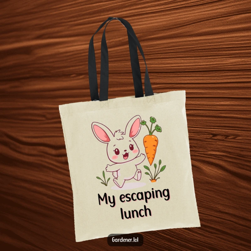 Funny Kawaii Bunny Tote Bag: Surprised bunny gardener hops away from a rogue hopping carrot, a cute and humorous design for carrying essentials and spreading laughter, a great gift.