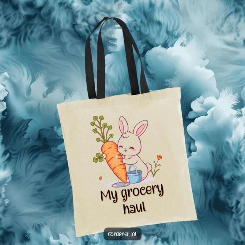 Funny cute bunny watering a giant carrot, a humorous gardening tote bag design.