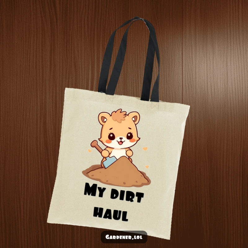 Funny animal character tote bag carrying cheerful dirt, showcasing humor for screen readers.